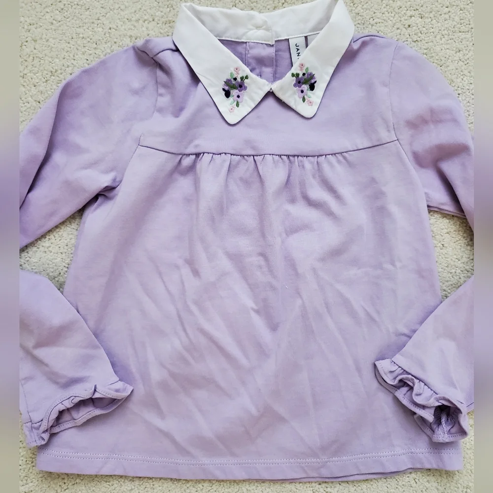 Janie and Jack Girls' Purple Flower Embroidered Collar Long Sleeve Shirt sz4